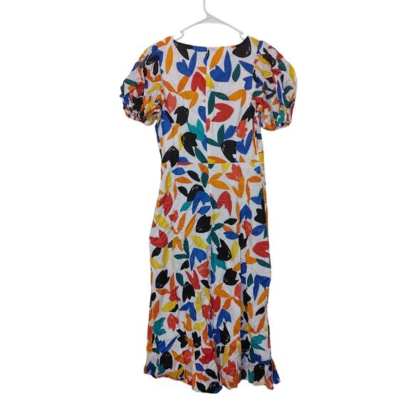 Calvin Klein Size 6 Dress Vibrant Abstract Puff Sleeve Midi Cotton Unique Trendy - Picture 2 of 10
